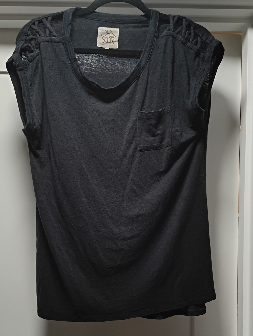 Chaser Black Sleeveless Tee with Braided Shoulder Detail